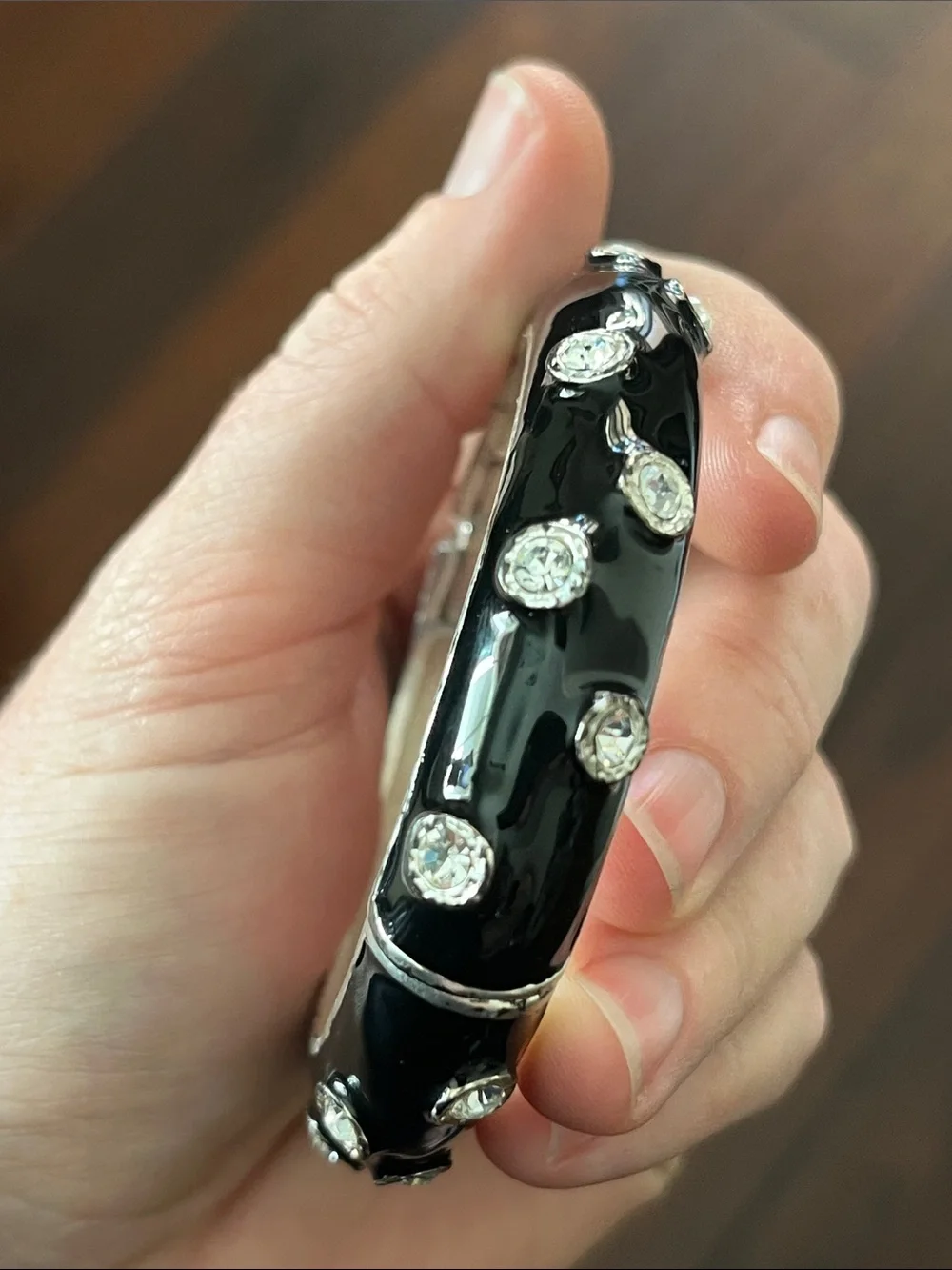 Kenneth Jay Lane Black Enamel Bangle with Clear Crystals